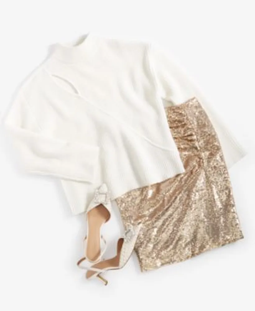 I.N.C. International Concepts Womens Cutout Sweater Ruched Sequin Mini Skirt Pointed Toe Slingback Pumps Created For Macys