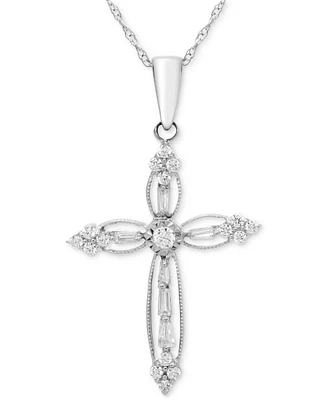 Diamond Round & Baguette Openwork Cross 18" Pendant Necklace (1/4 ct. t.w.) in 14k White Gold