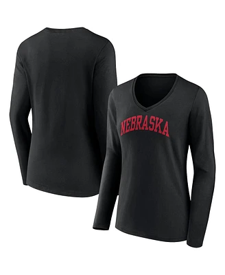 Women's Fanatics Black Nebraska Huskers Basic Arch Long Sleeve V-Neck T-shirt