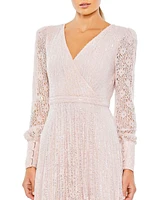 Mac Duggal Women's Beaded Lace Long Sleeve Wrap Over Gown