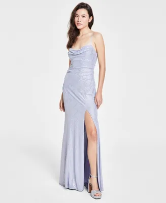 Emerald Sundae Juniors' Glitter Draped Front Gown