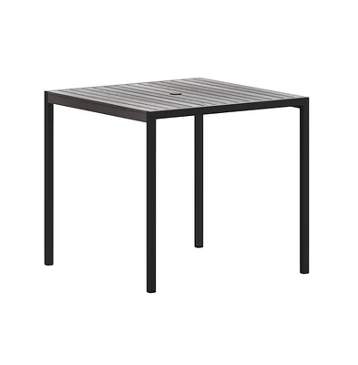 Merrick Lane Faux Teak Outdoor Dining Table With Powder Coated Steel Frame And Umbrella Hole