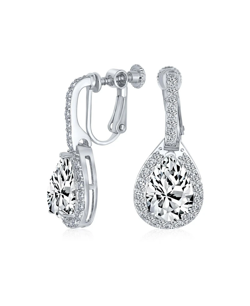 Bling Jewelry 7CT Style Halo Royal Blue Cubic Zirconia Cz Dangle Drop Teardrop Screw Back Clip On Earrings Rhodium Plated
