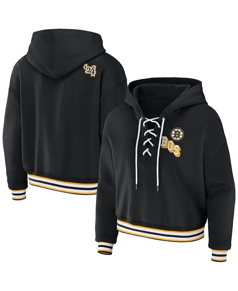 Women's Wear by Erin Andrews Black Boston Bruins Lace-Up Pullover Hoodie