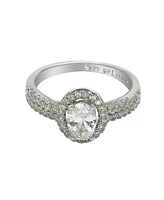 Suzy Levian Sterling Silver Oval Cut White Cubic Zirconia Halo Center Stone Ring