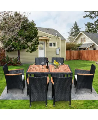 7 Piece Outdoor Patio Wicker Dining Set Patio Wicker Furniture Dining Set with Acacia Wood Top