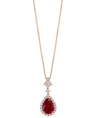 Effy Lab Grown Ruby (7-1/8 ct. t.w) & Lab Grown Diamond (1 ct. t.w.) Pear Halo 18" Pendant Necklace in 14k Rose Gold