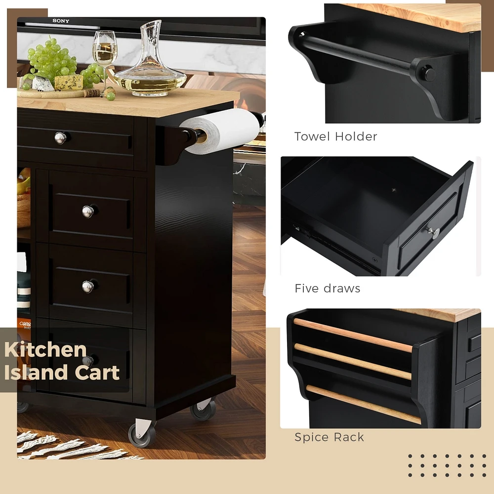 Mobile Kitchen Cart with Rubber Wood Desktop and 5 Draws