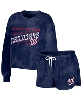 Women's Wear by Erin Andrews Navy Distressed Washington Nationals Tie-Dye Cropped Pullover Sweatshirt and Shorts Lounge Set