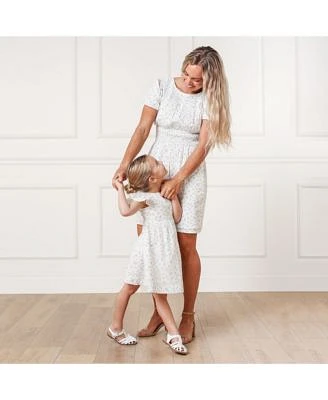 Mommy Me Organic Womens Puff Sleeve Smocked Waist Dress Girls Cross Back Dress