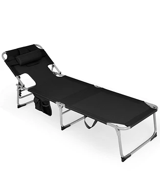 Inolait Sugift Black Folding Beach Lounge Chair with Pillow for Outdoor