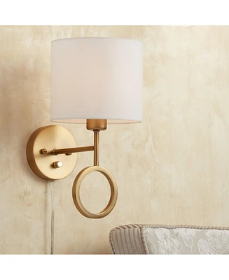 Amidon Modern Indoor Wall Mount Lamp Warm Brass Metal Ring Plug In Light Fixture Dimmable White Drum Shade for Bedroom Bedside House Reading Living Ro