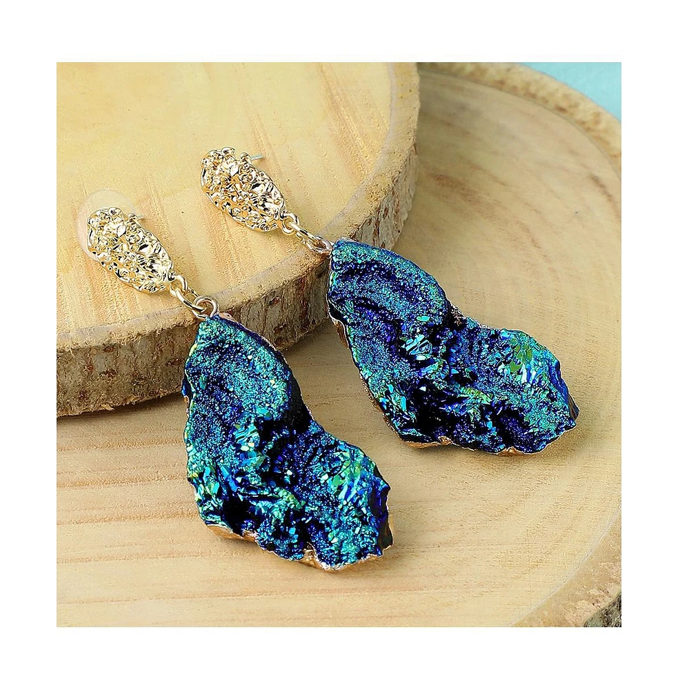 Sohi Women's Blue Textured Abstract Drop Earrings