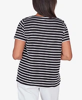 Alfred Dunner Women's Classic Neutrals Lace Neck Striped Split Hem T-shirt