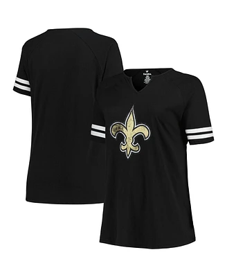 Women's Fanatics Black Distressed New Orleans Saints Plus Size Logo Notch Neck Raglan Sleeve T-shirt