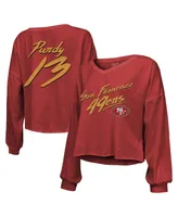 Women's Majestic Threads Brock Purdy Scarlet Distressed San Francisco 49ers Name and Number Script Off-Shoulder Cropped Long Sleeve T-shirt