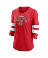 Women's Fanatics Heathered Red, White Distressed Chicago Blackhawks Full Shield 3/4-Sleeve Tri-Blend Raglan Scoop Neck T-shirt