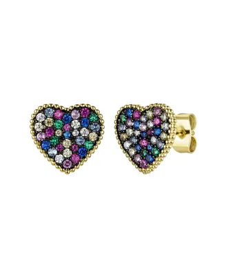 GiGiGirl 14k Gold Plated with Multi-Colored Cubic Zirconia Pave Heart Stud Earrings