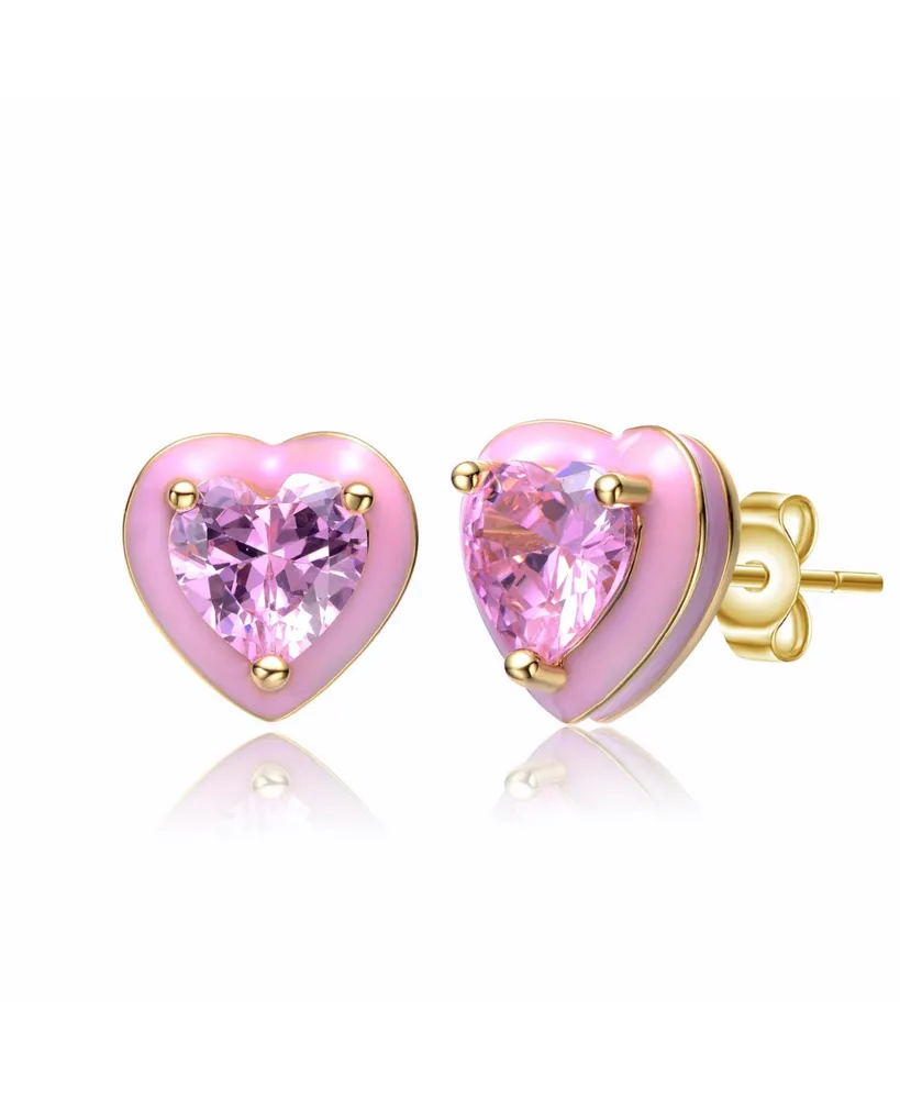 14k Yellow Gold Plated with Pink Cubic Zirconia Pink Enamel Halo Heart Stud Earrings