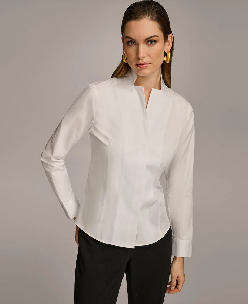 Donna Karan New York Women's Stand Collar Button Front Cotton Shirt
