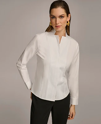 Donna Karan New York Women's Stand Collar Button Front Cotton Shirt