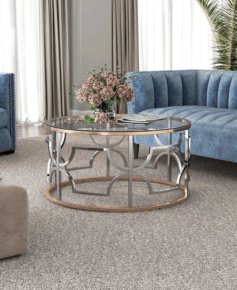 Furniture of America 36" Metal, Glass Camille Modern Round Glass Top Coffee Table