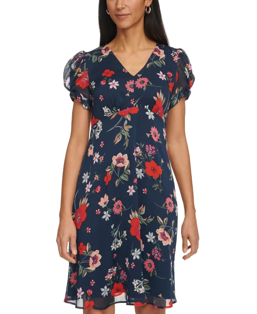 Calvin Klein Women's Printed Chiffon Tulip-Sleeve Dress