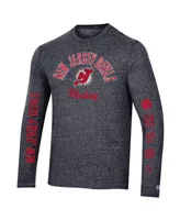 Men's Champion Heather Black Distressed New Jersey Devils Multi-Logo Tri-Blend Long Sleeve T-shirt