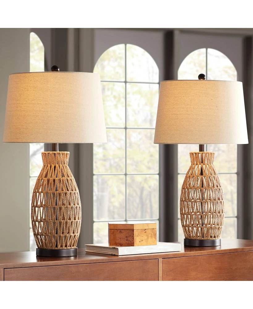 360 Lighting San Carlos Coastal Cottage Nautical Modern Table Lamps 29" Tall Set of 2 Natural Rattan Wicker Oatmeal Fabric Drum Shade for Living Room