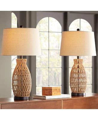 360 Lighting San Carlos Coastal Cottage Nautical Modern Table Lamps 29" Tall Set of 2 Natural Rattan Wicker Oatmeal Fabric Drum Shade for Living Room