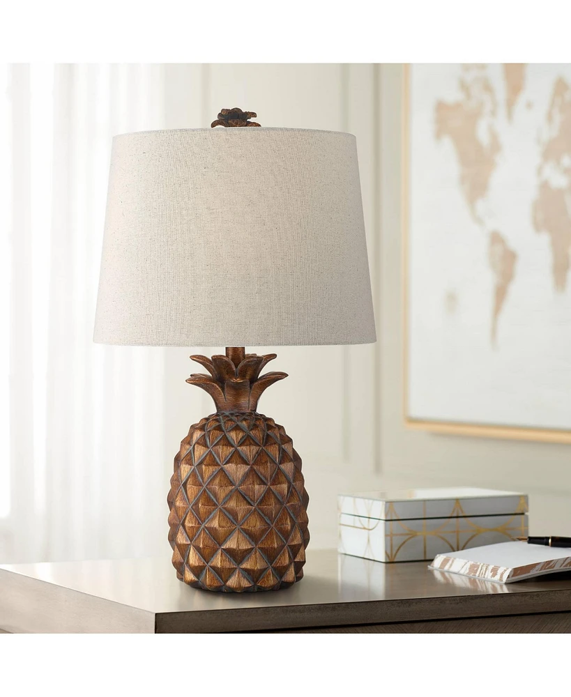Paget Coastal Tropical Style Accent Table Lamp 23.75" High Pineapple Brown Oatmeal Fabric Tapered Drum Shade Decor for Living Room Bedroom Beach