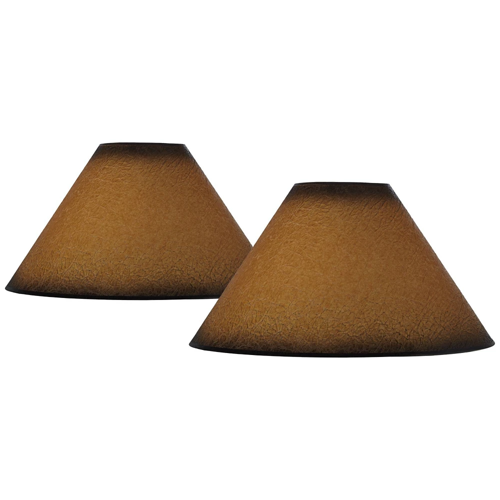 Set of 2 Empire Lamp Shades Distressed Faux Paper Brown Large 6" Top x 19" Bottom x 12" High Spider with Replacement Harp and Finial Fitting