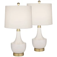 Nesbit 25" High Mid Century Modern Table Lamps Set of 2 Usb Port White Gold Ceramic Metal Fabric Shade Living Room Charging Bedroom Bedside Night