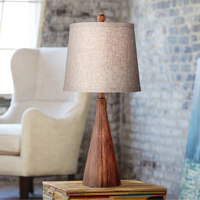 Frasier Modern Accent Table Lamp 23 1/2" High Brown Faux Wood Tapered Column Oatmeal Drum Shade for Bedroom Living Room House Home Bedside Nightstand