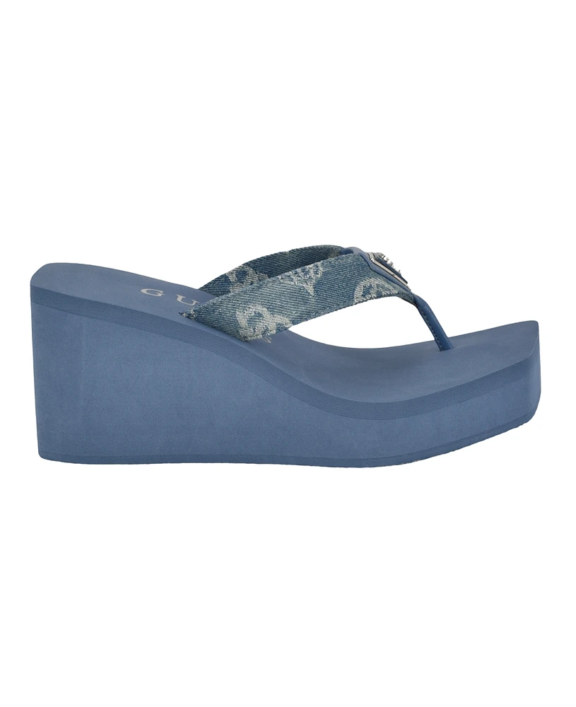 Guess Women's Demmey Logo Thong Square Toe Wedge Sandals - Dark Blue Denim