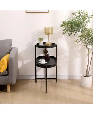 2-Tier Black Side Table With Storage Sofa Table For Living Room Metal Frame & Wooden Desk End Table