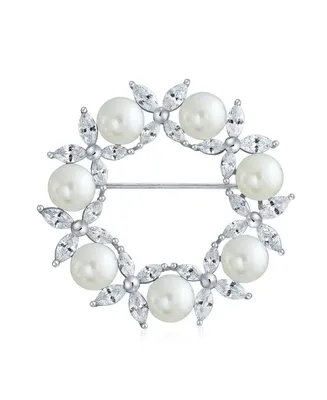 Bling Jewelry Elegant Holiday Marquise Cz Cubic Zirconia Round 8MM White Simulated Pearl Wreath Circle Scarf Brooch Pin
