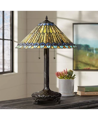 Traditional Tiffany Style Table Lamp 26" High Antique Sculptural Dark Bronze Peacock Antique Art Glass Shade for Living Room Bedroom House Bedside Nig