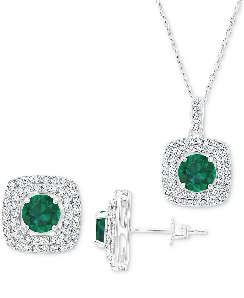 2-Pc. Set Lab-Grown Emerald (3 ct. t.w.) & Lab-Grown White Sapphire (7/8 ct. t.w.) Square Halo Pendant Necklace & Matching Stud Earrings in Sterling S