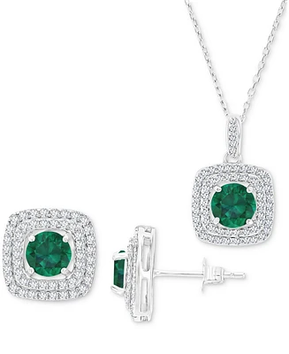 2-Pc. Set Lab-Grown Emerald (3 ct. t.w.) & Lab-Grown White Sapphire (7/8 ct. t.w.) Square Halo Pendant Necklace & Matching Stud Earrings in Sterling S
