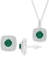 2-Pc. Set Lab-Grown Emerald (3 ct. t.w.) & Lab-Grown White Sapphire (7/8 ct. t.w.) Square Halo Pendant Necklace & Matching Stud Earrings in Sterling S