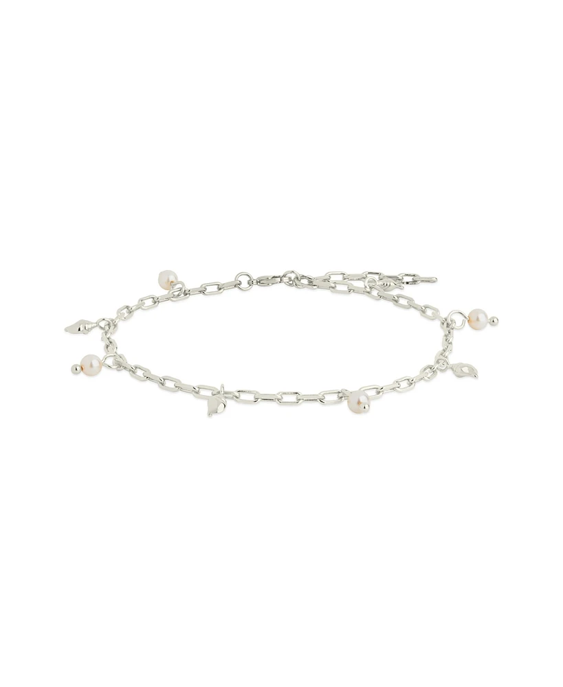Sterling Forever Silver-Tone or Gold-Tone Shell and Cultured Pearl Dangle Charm Beverly Anklet