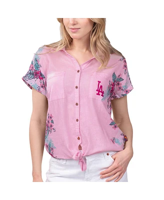 Margaritaville Women's Pink Atlanta Braves Stadium Tie-Front Button-Up Shirt