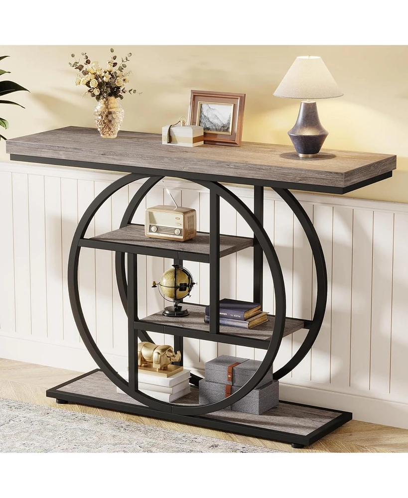 Tribesigns 41.3" Console Table, Industrial 4-Tier Sofa Table Entryway with Circle Base
