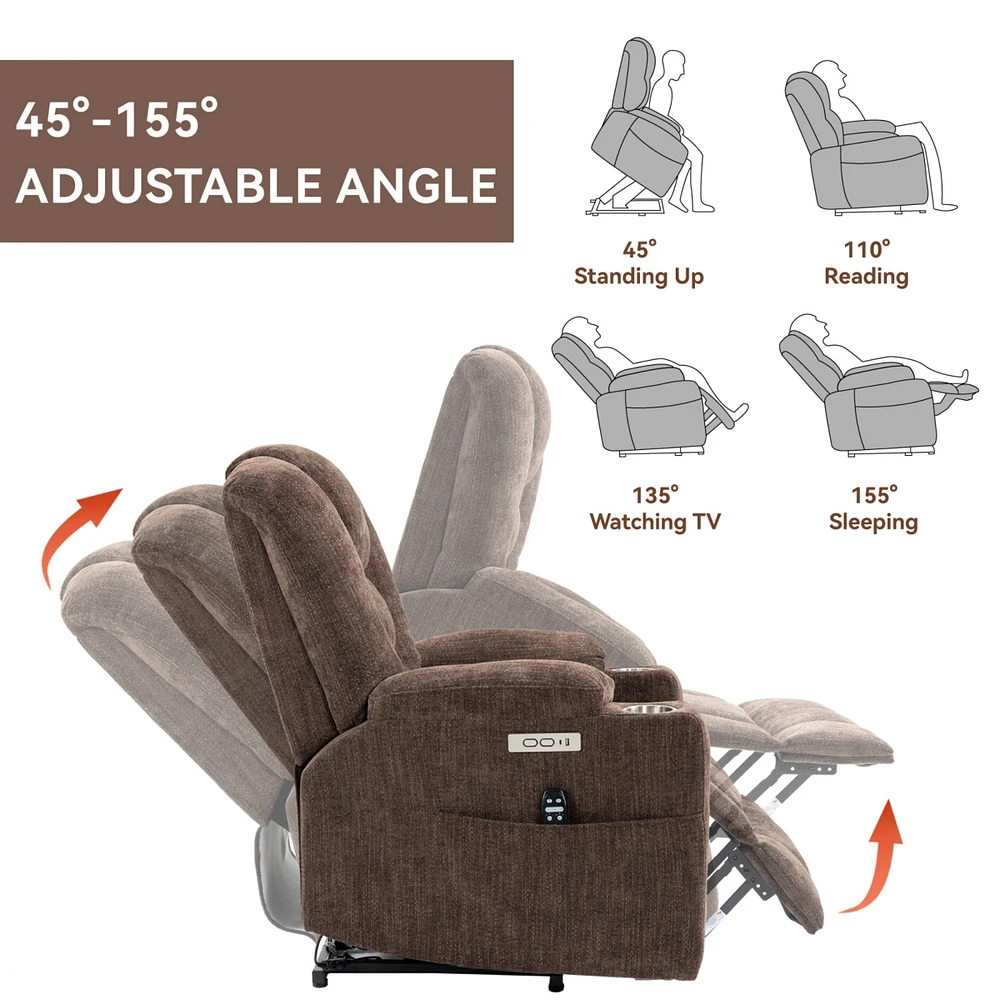 Massage Recliner with Heat and Usb Ports for Elderly - Brown