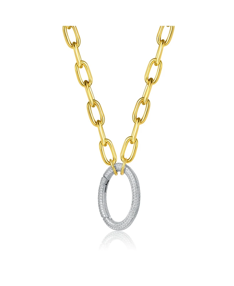 Rectangle-shaped 14k Gold-plated Chain With Round-brilliant stones Pendant Cubic Zirconia In Sterling Silver.