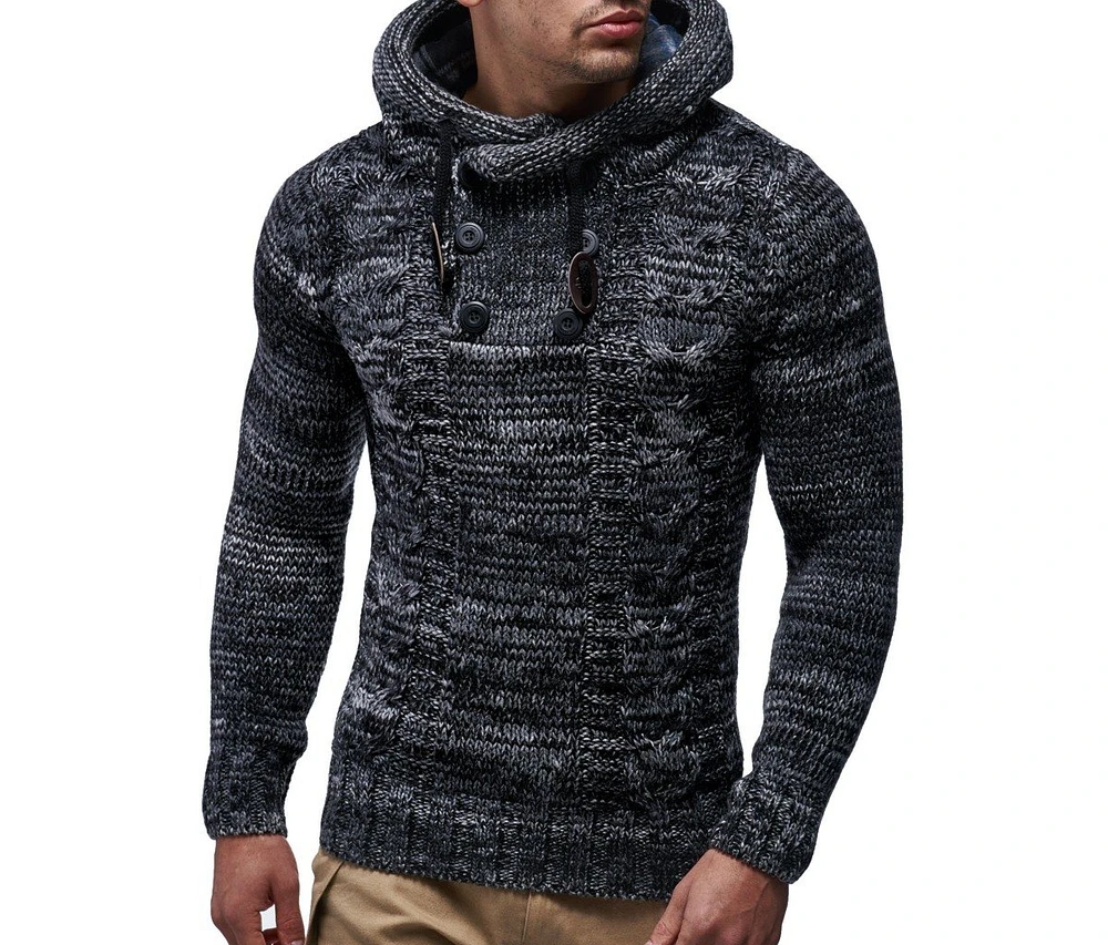 Leif Nelson Men's Knit Hoodie Sweater with Button Accents – Cable Design