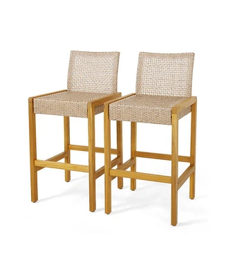 Sugift Set of 2 Rattan Patio Wood Barstools Dining Chairs with Backrest