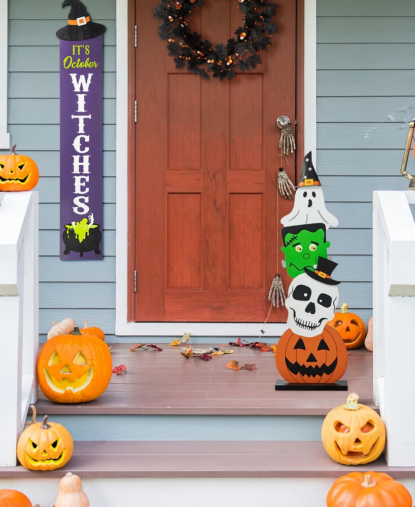 Glitzhome 36"H Halloween Wooden Stacked Ghost Frankenstein Skull Pumpkin Porch Decor