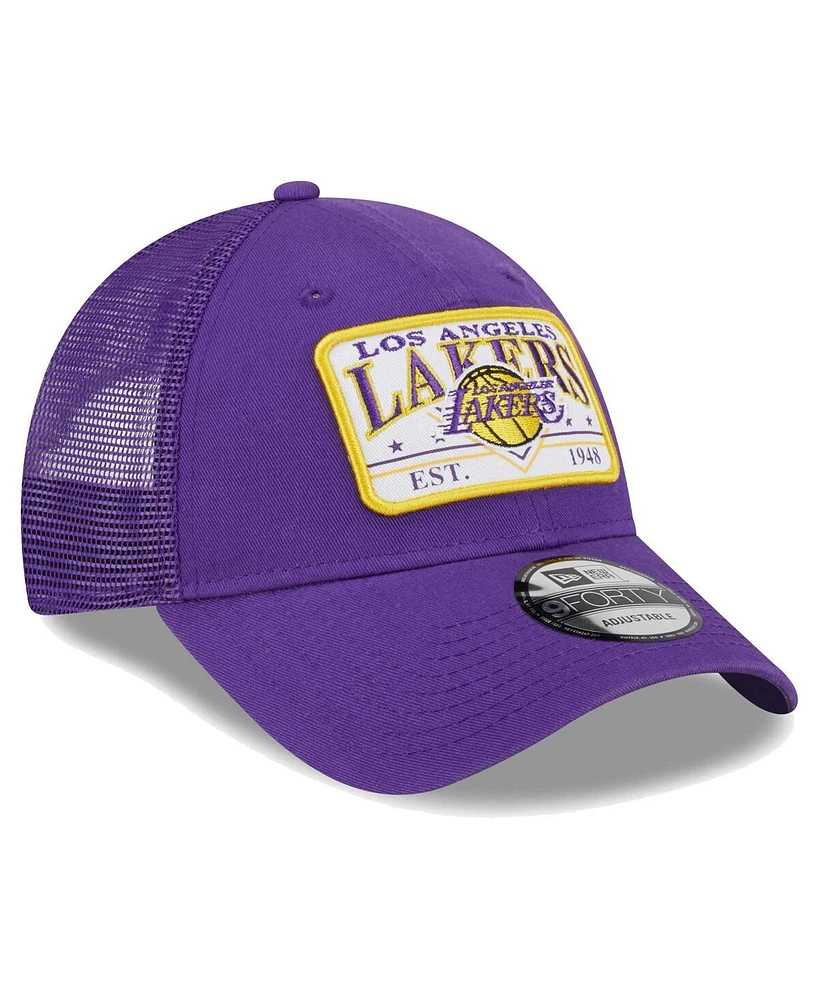 New Era Men's Purple Los Angeles Lakers Plate Oversized Patch Trucker 9Forty Adjustable Hat